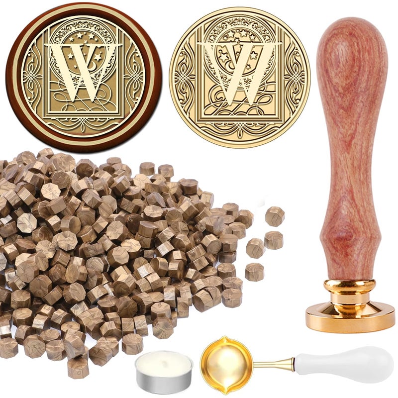 STAMPMASTER Alphabet W Wax Seal Kit Vintage Starry Initial W Sealing Stamp with 120 Antique Gold Wax Seal Beads for Wedding Christmas Envelopes - Image 1